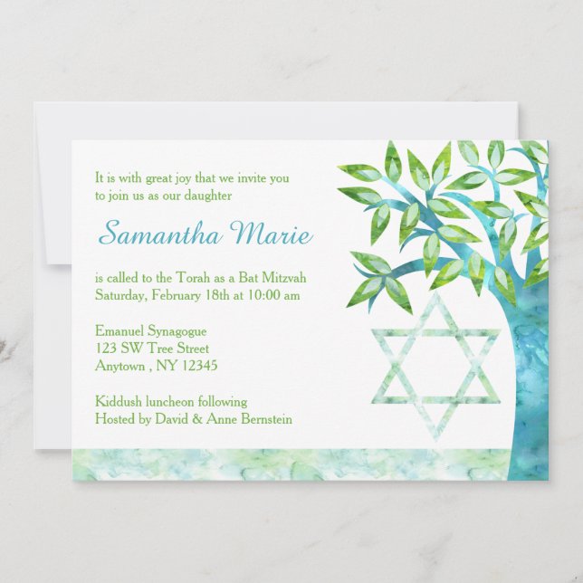 Watercolor Tree of Life Teal Green Bat Mitzvah Invitation (Front)
