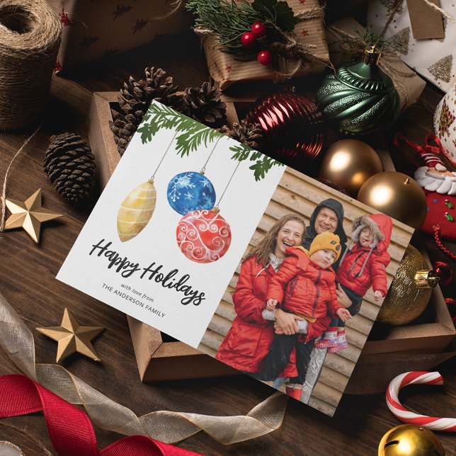 Watercolor Tree Ornament Photo Christmas Holiday Card (Creator Uploaded)