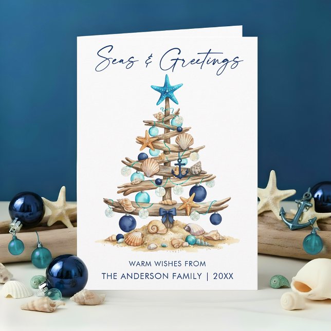 Watercolor Tree Seas and Greetings Beach Folded Holiday Card (Customize to change your personalized text size or text style.)