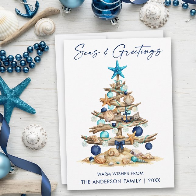 Watercolor Tree Seas and Greetings Beach Holiday Card (Customize to change your personalized text size or text style.)
