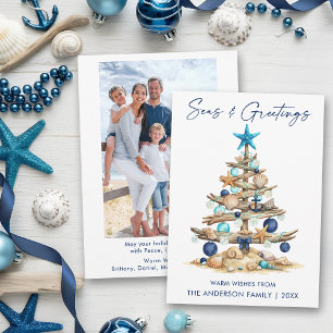 Watercolor Tree Seas and Greetings Photo Beach Holiday Card