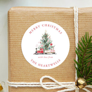 Watercolor Tree Toy Train Red Green Pink Holiday Classic Round Sticker