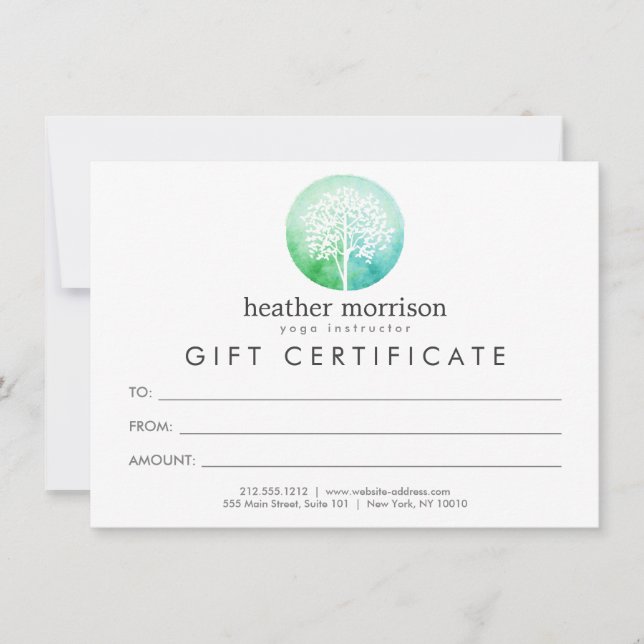 Watercolor Tree Yoga and Wellness Gift Certificate (Front)