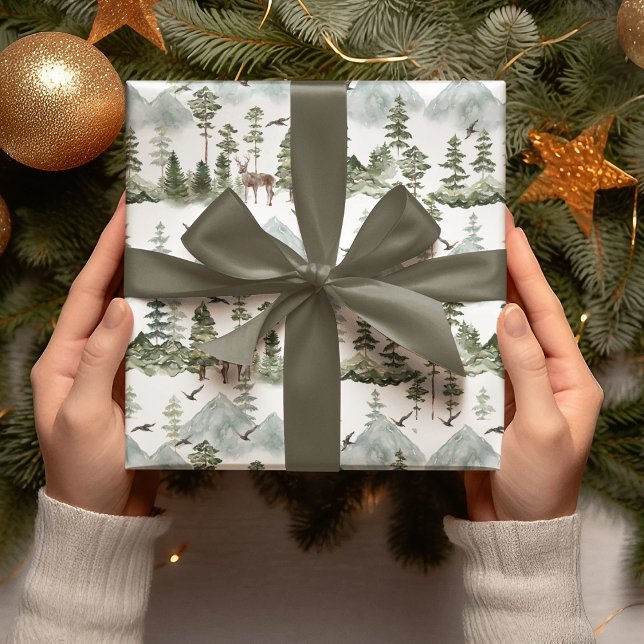 Watercolor Trees And Deer Green Christmas Wrapping Paper (Creator Uploaded)