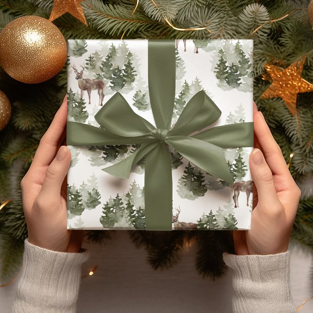Watercolor Trees And Deer Green Christmas Wrapping Paper (Creator Uploaded)