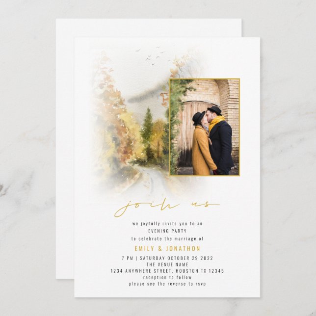 Watercolor Trees Photo QR Join Us Evening Wedding Invitation (Front/Back)