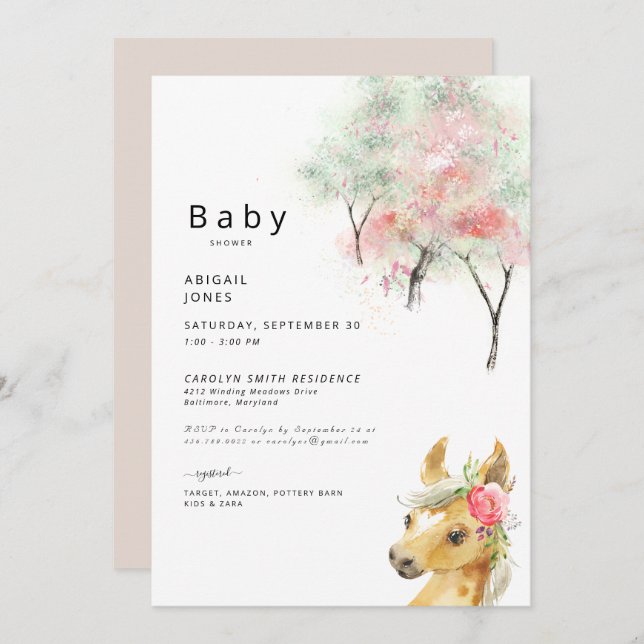 Watercolor Trees & Pink Pony Baby Shower Invitation (Front/Back)