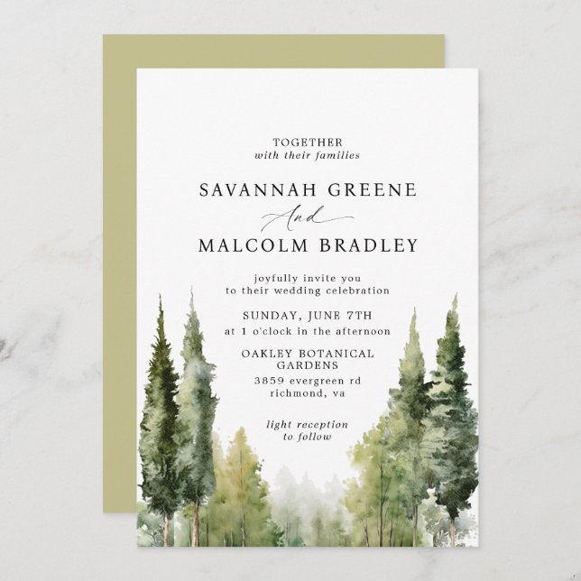 Watercolor Trees | Rustic Forest Outdoor Wedding Invitation (Front/Back)