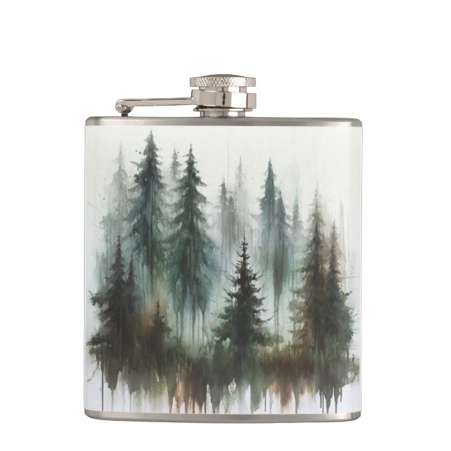 Watercolor Trees Rustic Wilderness  Hip Flask (Front)