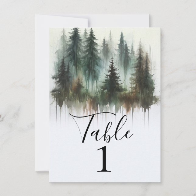 Watercolor Trees Rustic Wilderness Table Number (Front)