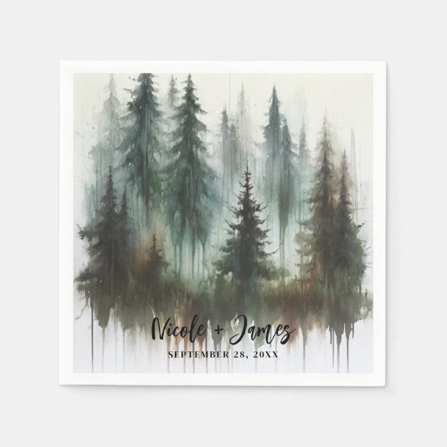 Watercolor Trees Rustic Wilderness Wedding Napkin (Front)