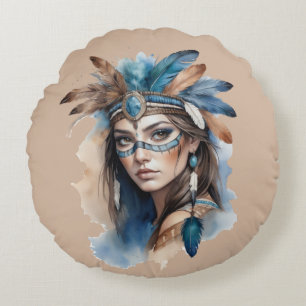 Watercolor Tribal Beauty: Spirit of Bohemian Art Round Cushion