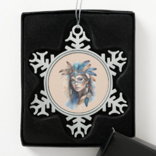 Watercolor Tribal Beauty: Spirit of Bohemian Art Snowflake Pewter Christmas Ornament