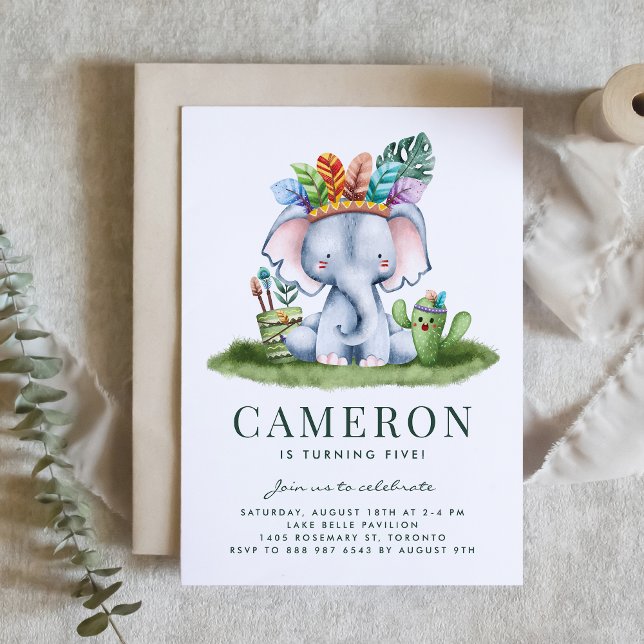 Watercolor Tribal Elephant Safari Theme Birthday Invitation (This watercolor elephant invitation is the perfect for a jungle, tribal, or safari-themed birthdays.)