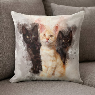 Watercolor Trio of Cute Black and Orange Kittens Cushion