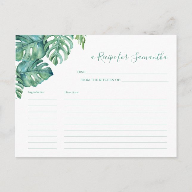 Watercolor Tropica Monstera Palm Leaf Recipe Card (Front)