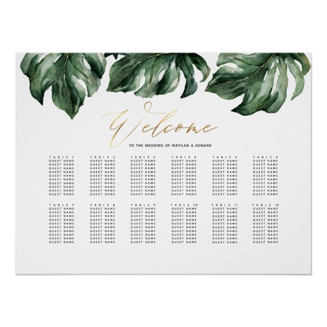 Watercolor tropical and gold wedding seating plan poster (Front)
