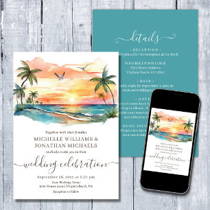 Watercolor Tropical Beach All in One Wedding Invitation