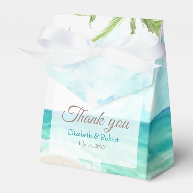 Watercolor Tropical Beach and Palm Trees Wedding Favour Box (Front Side)