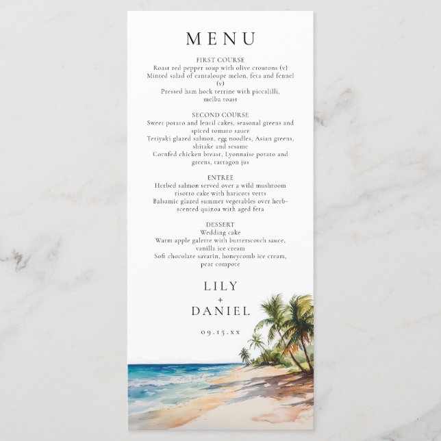 Watercolor Tropical Beach Destination Wedding Menu (Front)