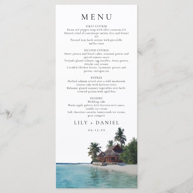 Watercolor Tropical Beach Destination Wedding Menu (Front)