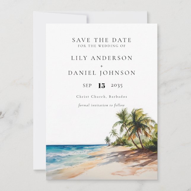 Watercolor Tropical Beach Destination Wedding Save The Date (Front)
