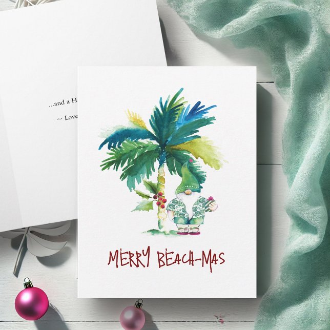 Watercolor Tropical Beach Folded Christmas Cards (Watercolor Christmas cards Florida or Hawaiian beach palm tree Victoria Grigaliunas DoTellABelle)