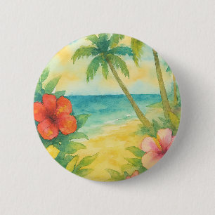Watercolor Tropical Beach Landscape Palms 6 Cm Round Badge