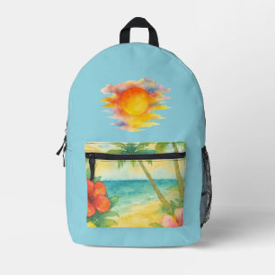 Watercolor Tropical Beach Landscape Palms Printed Backpack