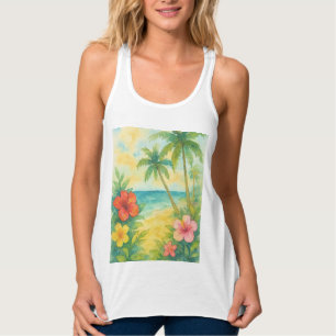 Watercolor Tropical Beach Landscape Palms Singlet