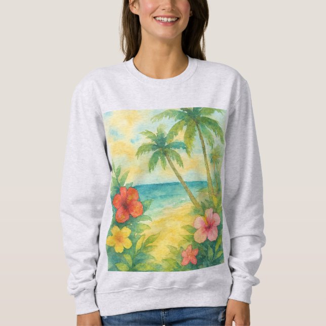 Watercolor Tropical Beach Landscape Palms Sweatshirt (Front)