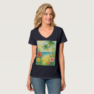 Watercolor Tropical Beach Landscape Palms T-Shirt