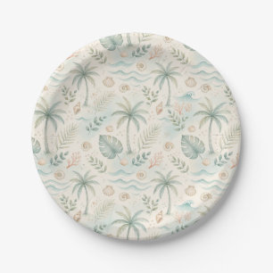 Watercolor Tropical Beach Palm Leaf Pattern Paper Plate