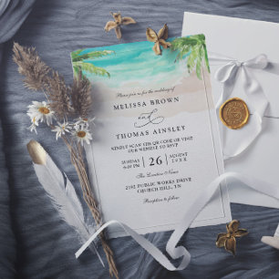 Watercolor Tropical Beach Palm QR Code Wedding Invitation