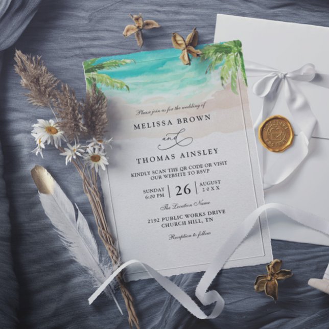 Watercolor Tropical Beach Palm QR Code Wedding Invitation (Creator Uploaded)