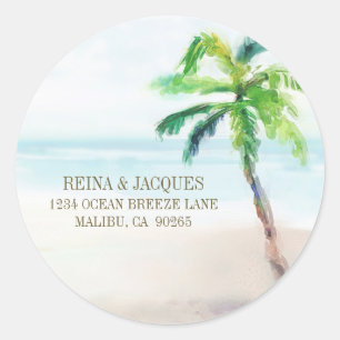 Watercolor Tropical Beach Palm Tree Return Address Classic Round Sticker