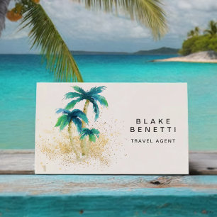 Watercolor Tropical Beach Palm Trees Gold Business Card