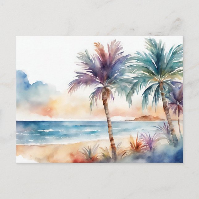 Watercolor Tropical Beach, Palm Trees Postcard (Front)