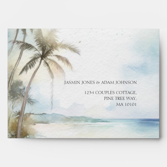 Watercolor Tropical Beach Palm Trees Wedding Envelope (Front)