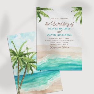 Watercolor Tropical Beach & Palm Trees Wedding Invitation
