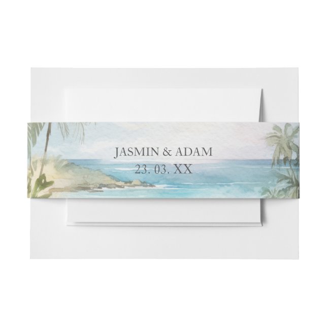 Watercolor Tropical Beach Palm Trees Wedding Invitation Belly Band (Front Example)