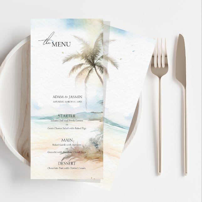Watercolor Tropical Beach Palm Trees Wedding Menu (Watercolor Tropical Beach Palm Trees Wedding Menu)