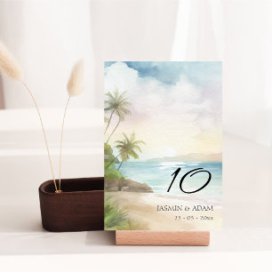 Watercolor Tropical Beach Palm Trees Wedding Table Number