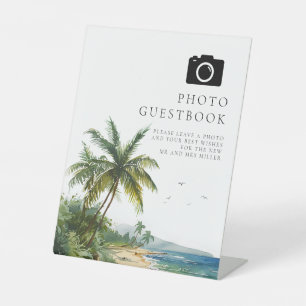 Watercolor Tropical Beach Photo Guest Book Wedding Pedestal Sign