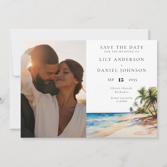 Watercolor Tropical Beach Photo Wedding Save The Date (Front)