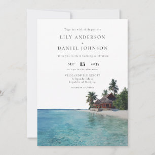 Watercolor Tropical Beach QR Code Wedding Invitation