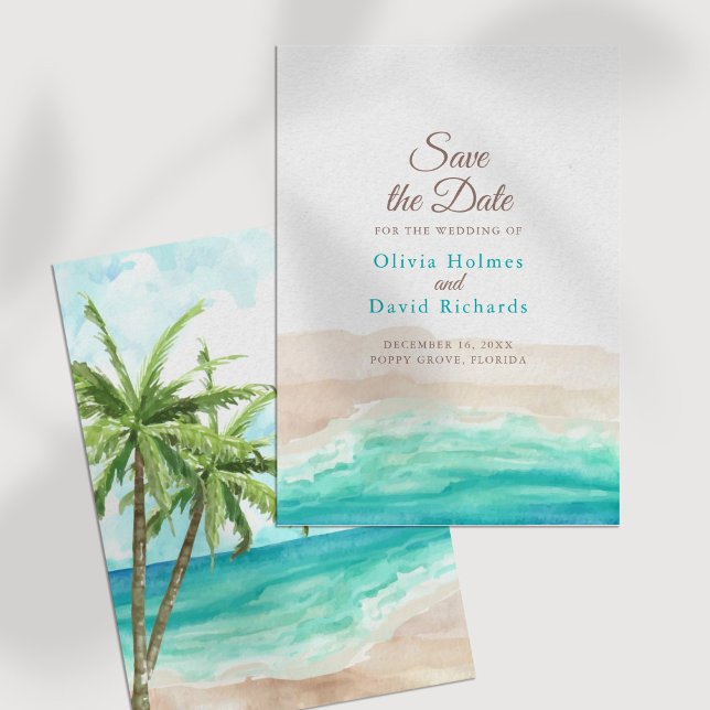 Watercolor Tropical Beach Save the Date (Watercolor Tropical Beach Save the Date on a white table.)
