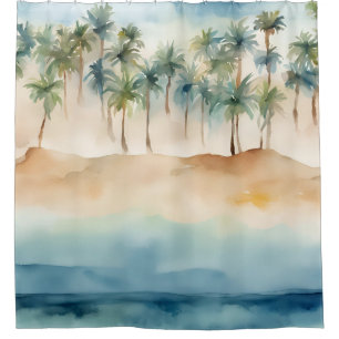 Watercolor Tropical Beach Scene Palms Sand Ocean Shower Curtain