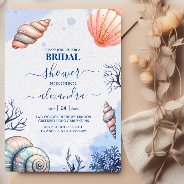 Watercolor Tropical Beach Seashells Bridal Shower Invitation (Creator Uploaded)