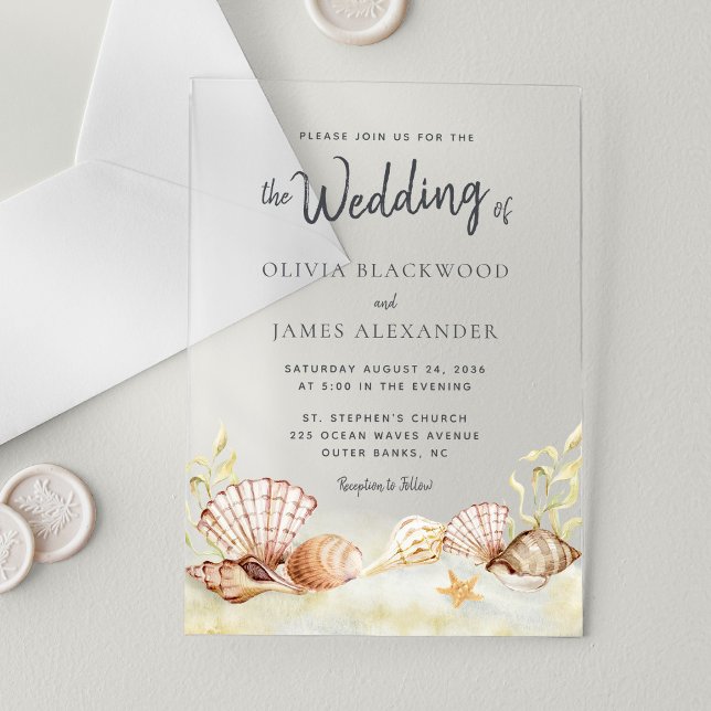 Watercolor Tropical Beach Seashells Wedding Acrylic Invitations (Creator Uploaded)